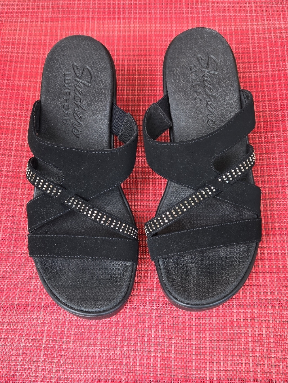 Skechers Black Cross-Strap Slide Sandals with Rhinestone Accent Size 9 NWOT